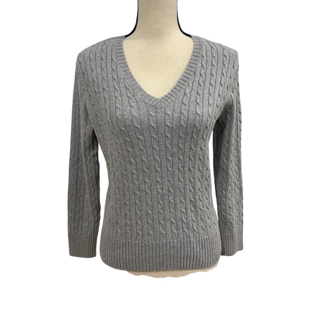 Jeanne Pierre Gray Ribbed Cotton V-Neck Sweater Size Medium